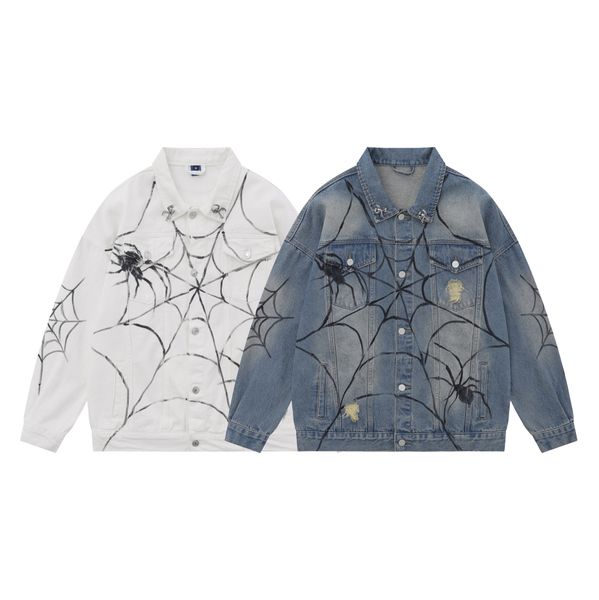 Modaya uygun sonbahar el çizilmiş örümcek pimi denim ceket erkekler için retro gevşek tek göğüslü ceket