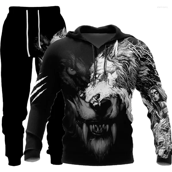Erkek Trailsits Wolf 3D Baskılı Hoodie Pantolon Erkek Sonbahar ve Kış Sıradan Sweashirt kazak Erkek Trailsuit Set Moda Giyim