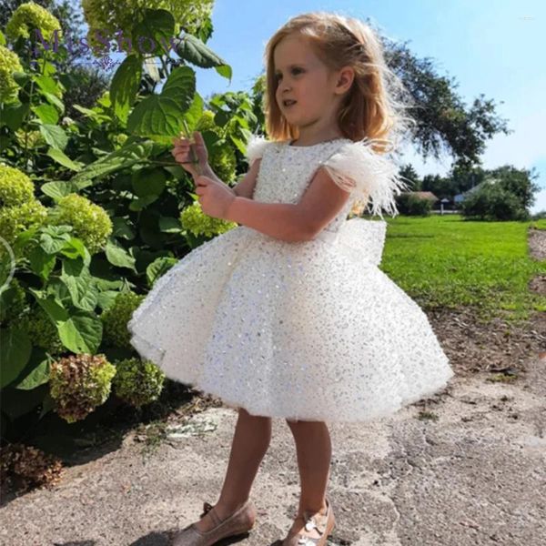 Mädchenkleider MisShow Weißes Erstkommunionkleid für Mädchen Perlen Feder mit Schleife glitzernde Blume Hochzeit Party Prinzessin Ballkleider