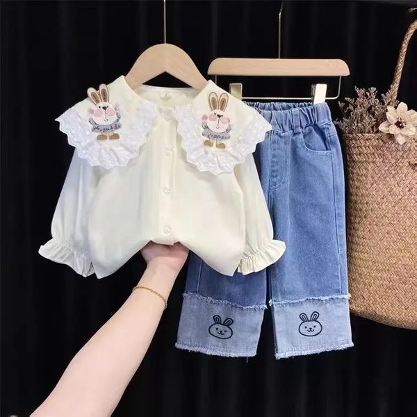 Crianças meninas denim roupas ternos primavera outono crianças menina calças jeans dos desenhos animados coelho camisa moda 2 pçs conjuntos de roupas 240226