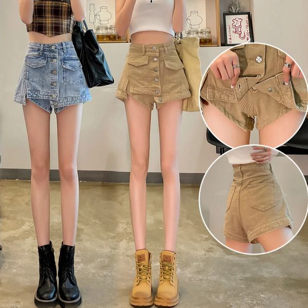 Jeans Streetwear Frauen Allmatching Einreiher Denim Shorts Frauen Mode Hohe Taille Abnehmen Breite Bein Jean Kurze Hosen 2023