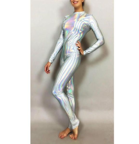 12 cores na moda holográfica manga longa macacão novidade laser cor catsuit volta zíper unitard desempenho dança traje9395386