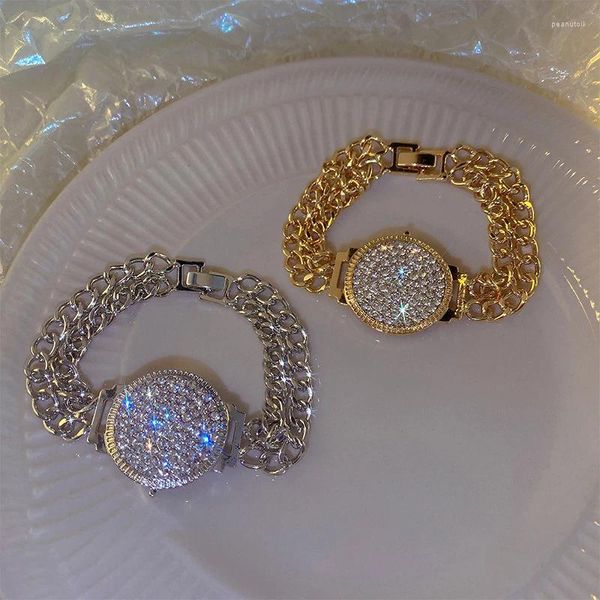 Bağlantı bilezikleri hafif lüks yüksek kaliteli tam rhinestone saat kadranı kadınlar için parlak kristal bileklik parti mücevher hediyesi