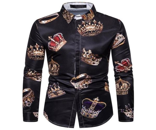 Royal Crown Print Schwarz Hemd Männer Luxus Casual Camisas Hombre Manga Larga Hohe Qualität Business Formale Schlanke Herren Hemden 4567019