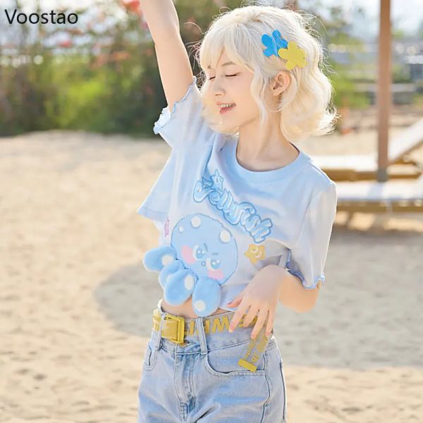 T-Shirts Sommer japanische Frauen süße lolita blaue t-Shirts Kawaii Cartoon Grafik 100% Baumwolle Kurzarm Crops Girls Sweet Tee T-Shirt