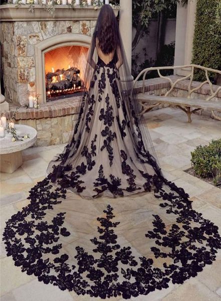 Moda preto 3m catedral frisado véus de casamento renda appliqued borda tule macio uma camada longo véu nupcial com comb9355174