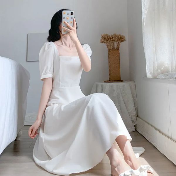 Vestido de verão vestido sem costas pescoço bonito longo branco vestidos de festa feminino et mangas grande corse elegante simples confortável um vermelho reto