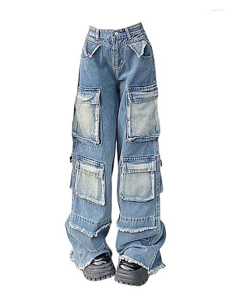 Damen-Jeans, japanische Streetwear-Mode, blaue Cargo-weite Hose, Hiphop, gerade Freizeithose, mehrere Taschen, Baggy-Grunge-Clubwear