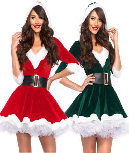 Popolare Ladies Chrismas Xmas Fancy Dress Moda Donna Scollo a V Mezza manica Mini abito Costume da Babbo Natale Outfit Cintura1544860