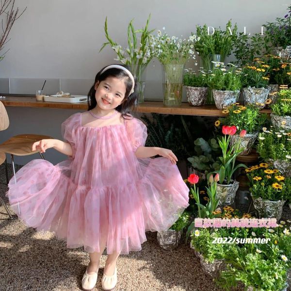 Kız Elbiseler 2006-Işık Mor Çiçek İplik Etek Yaz Tül Peri Elbise Nefes Alabilir Pembe Mizaç Dantel Prenses