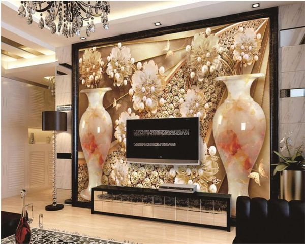 Varejo personalizado 3d papel de parede jade vaso luxo diamante flor jóias tv interior decoração mural decoração para casa wallpapers4451491