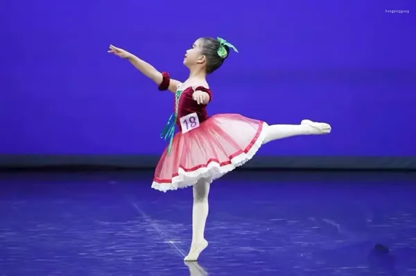 Abbigliamento da palcoscenico Tutù di balletto romantico rosso Costumi per bambini Performance di danza Abito da principessa Ragazze Gonne lunghe Top in velluto