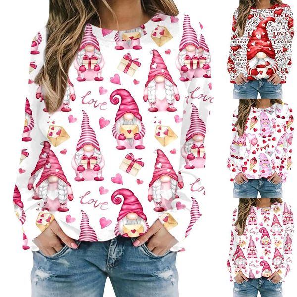 Felpe con cappuccio da donna Alla moda San Valentino Gnomo Amore Stampa Girocollo Felpa senza cappuccio Pullover Zip intera Maglione alato grande