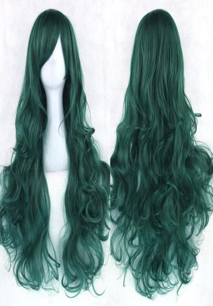 Hanzibeauty novo 20 cores 80 cm longo cabelo encaracolado verde perucas cosplay resistente ao calor acessórios de cabelo sintético festa peruca preta para wo62322155