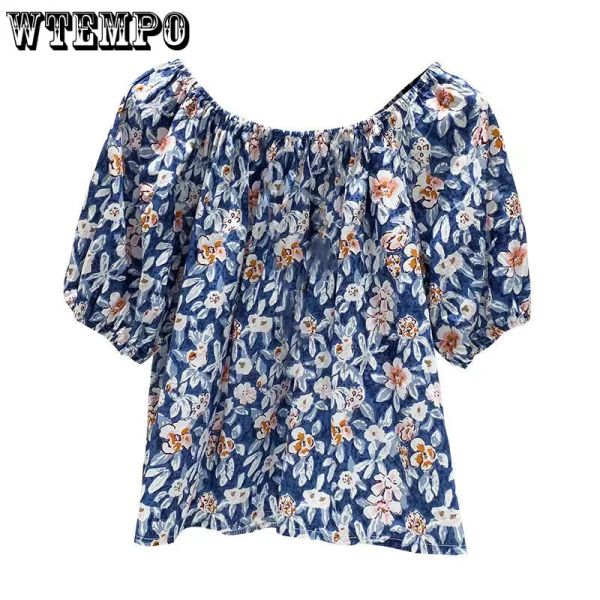 Blusa fora do ombro blusa feminina 2022 vintage floral impressão superior solto temperamento puff manga camisas azul camisa de um ombro blusas