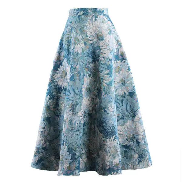 Vestidos pintura a óleo saia feminina 2022 primavera coreano estilo vintage flores grande balanço cintura alta design jacquard hepburn saias
