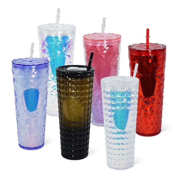 24 oz elmas çivili akrilik tumbler kapak saman ile çift duvarlı plastik bardağı 710ml içme içecek bardakları elektro -örtü ombre renkleri