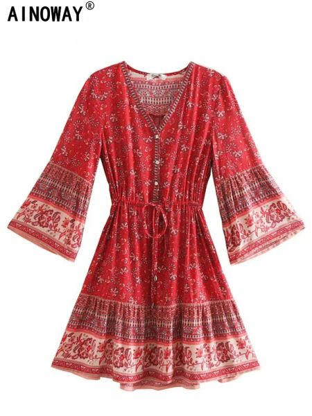 Vestito vintage chic fashion women hippie florel stampa vneck mini abiti bohémien estate signore maniche bagliori cotone beach abito boho