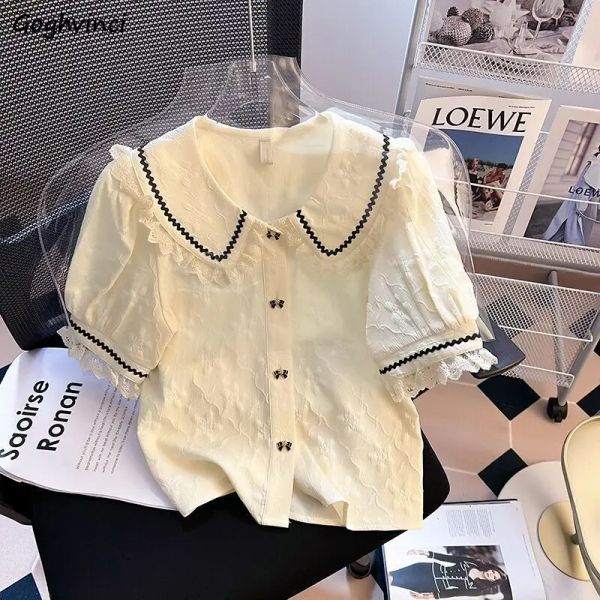 Camisa peter pan colarinho camisas femininas kawaii rendas suave na moda estilo francês mujer blusas verão novo design elegante manga sopro roupas