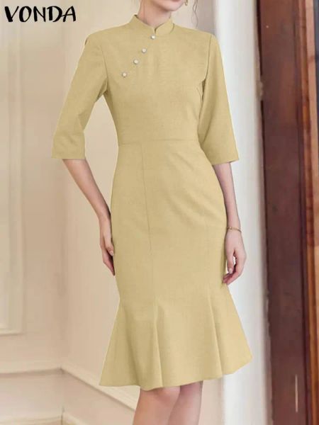 Kleid Vonda Frauen elegantes Midi Kleid 2023 Sommerkleid Fischschwanz Sunddress 3/4 Ärmel lässig Solid Color Ständer Kragen Party Vestidos