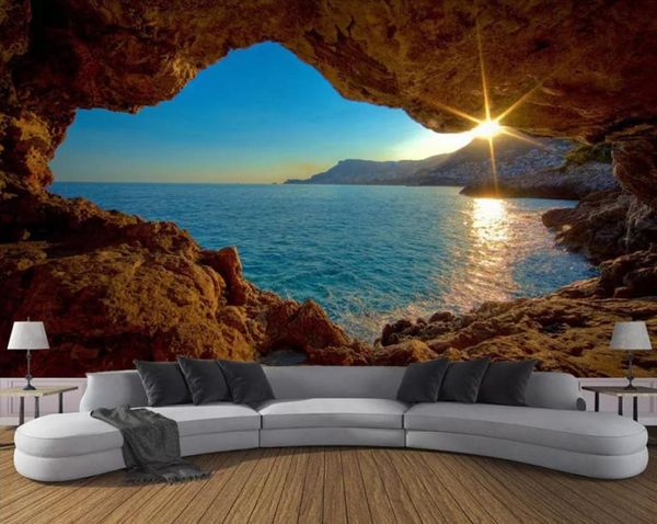Прямая поставка на заказ Po обои 3D пещера восход солнца морской пейзаж природа большие фрески гостиная диван спальня фон Декор Wall5722068