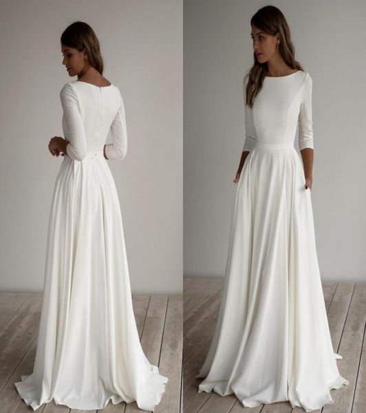 Crepe Modest Weedding Abites Long Sleeves Treno di spazzatura Pockest Space Simple Elegante Boho Country Country Bridals Wowns Sleeved1855710