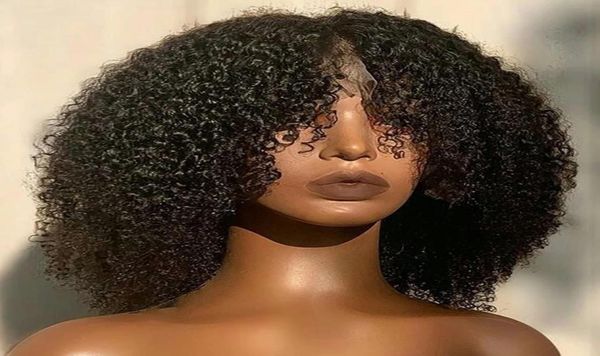 Natürliche schwarze kurze Bob-Afro-Perücke, verworrene lockige Spitzenfrontperücken mit Babyhaar, leimlose synthetische Perücke für Frauen3604003