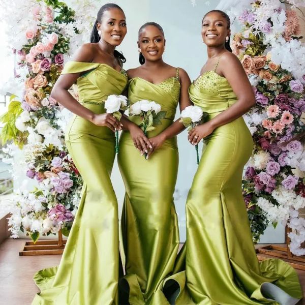 Элегантный зеленый с плечоса русалки подружки невесты платья спагетти бусинки складки длинные свадебные гость атлас
