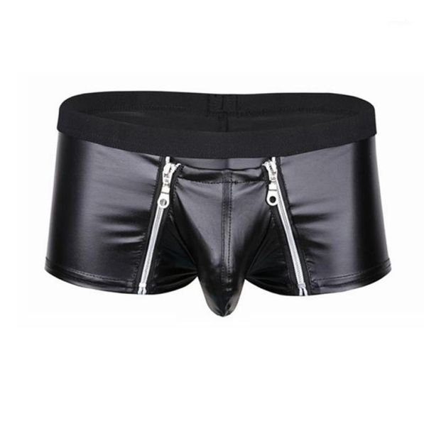 Cuecas Mens Lingerie Faux Leather Underwear Bulge Bolsa com fecho de zíper duplo Boxer Briefs Low Rise Sexy Masculino Panties7576497