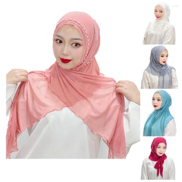 Roupas étnicas Beading Malha Elástica Elegante Mulheres Muçulmanas Hijab Malásia Islâmico Árabe Xaile Turbante Cor Sólida Headwrap Foulard Headscarf