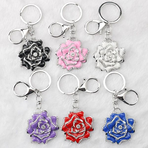 Chaveiros colorido bonito rosa flor chaveiro senhora saco acessórios gotejamento strass artesanato pingente chaveiros metal corrente trinket