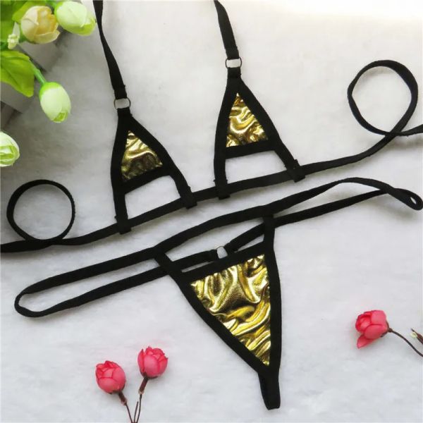 Conjunto micro biquíni sexy roupa de banho feminina biquini mini biquinis brilhante couro patente cor sólida oco para fora triângulo tanga