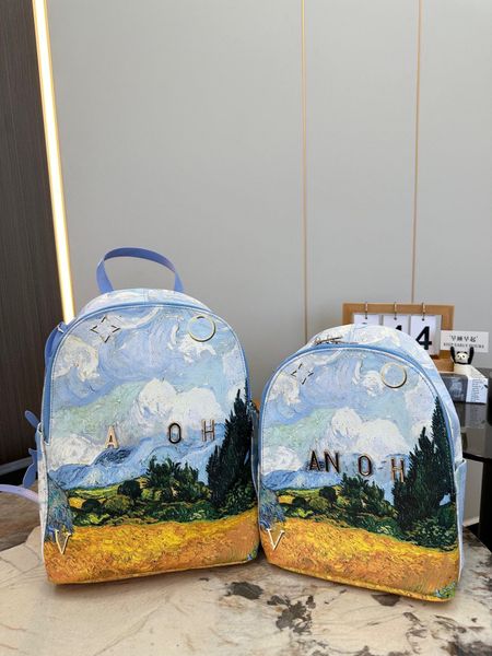 24ss masculino e feminino geral designer de luxo série pintura a óleo mochila feminina bolsa de ombro bolsa de livro mochila ao ar livre de alta qualidade 32cm/26cm