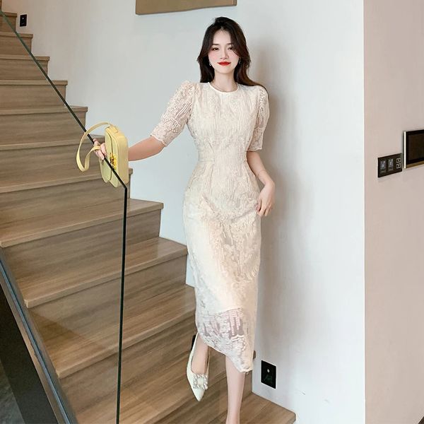 Französische Spitze Midi Kleider für Frauen 2023 Sommer Elegante Party Weibliche Kleidung Süßes Vintage Kurzärmele Koreanisch Abendkleid 240304