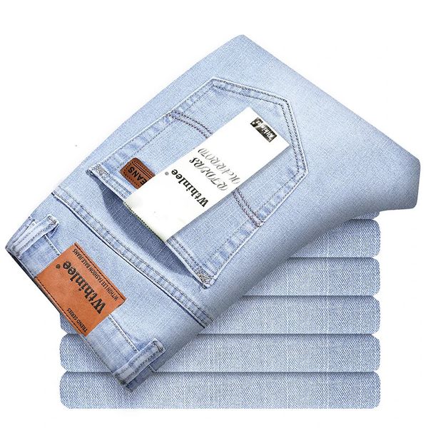 Marca Mens Jeans Finas Verão Estilo Business Casual Slim Fit Elástico Calças Clássicas Céu Azul Calças Masculinas Tamanho 40 240227