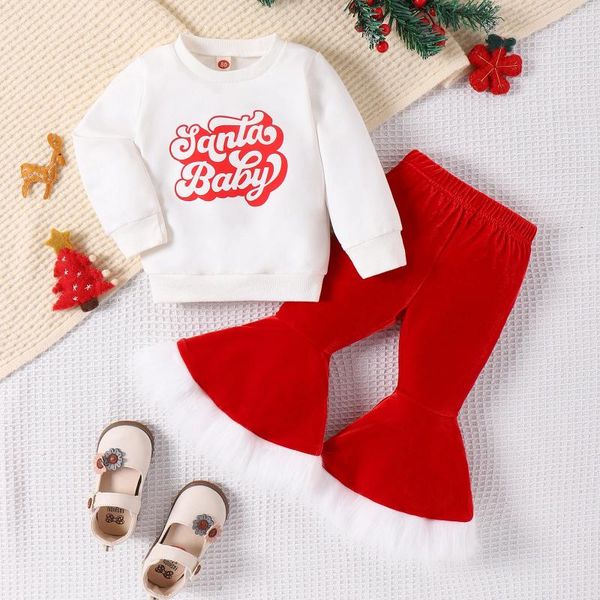 Set di abbigliamento 6M-4Y Moda Bambino Bambini Ragazze Natale Lettera Stampa Felpe a maniche lunghe Pantaloni svasati in pelliccia Abiti natalizi