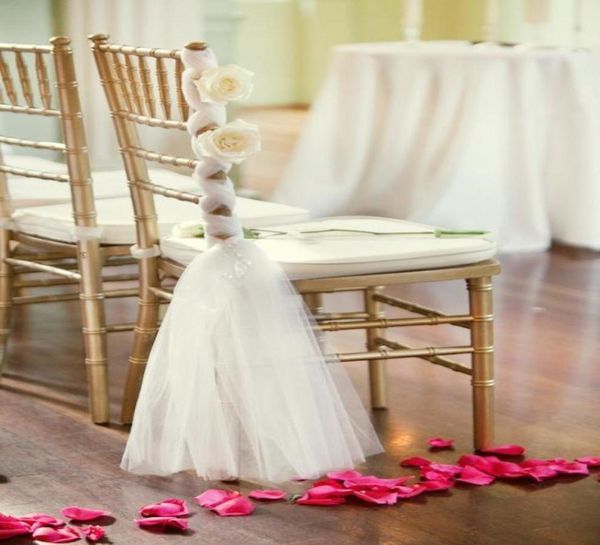 Schöne weiße Stuhlschärpen Probe für Hochzeitsdekorationen, handgefertigte Blumen, Stuhlband, Jubiläum, Chiffon, schick, Party, Bankett A3825417