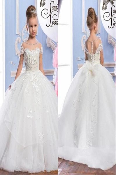 Abiti da ragazza di fiore arabi in tulle con collo trasparente in pizzo con perle Collo trasparente Abiti da spettacolo vintage per bambini bellissimi per matrimoni6396120