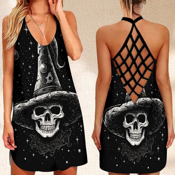 Kleid Neue frauen Criss Cross Backless Ärmelloses Kleid SummerHalloween Schädel Druck Kleider Für Frauen 2023