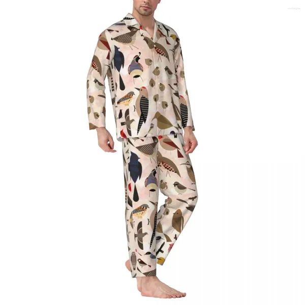 Homens sleepwear pijamas homens sonoran pássaros impressão quarto pássaro arte duas peças vintage conjunto de mangas compridas na moda casa de grandes dimensões