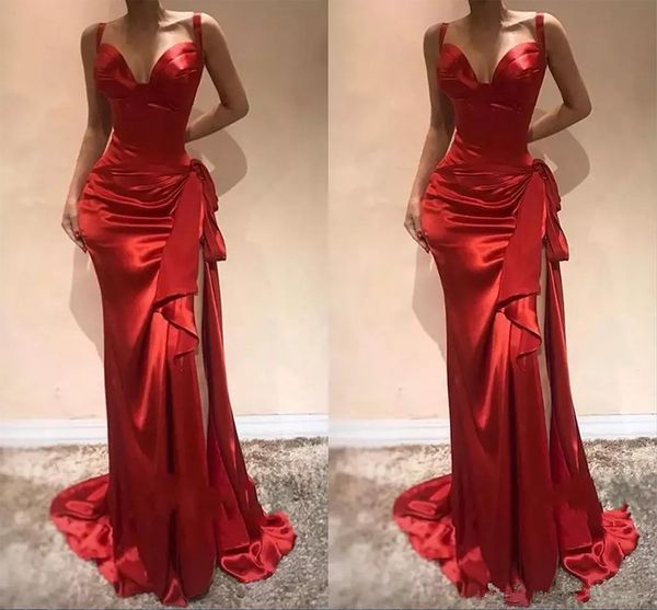 Elegante rote lange Abendkleider 2024, herzförmiges Meerjungfrau-formales Abendkleid mit Schlitz, Sweep-Zug, Reißverschluss, seitlich geteilte Abendkleider, Satinschleife