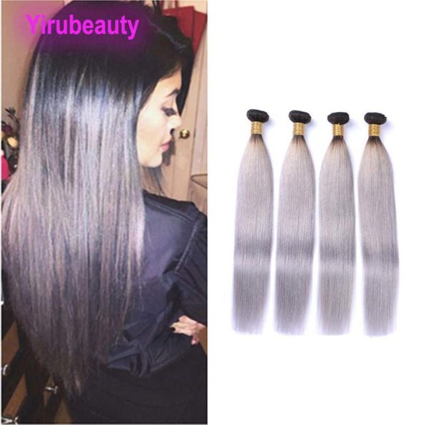 Extensões de cabelo peruano 1bgrey, 4 pacotes sedosos e retos 1b cinza ombre cor quatro peças cabelo tece cor tingida inteira 1028in7936356