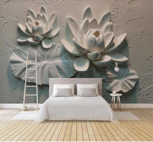 Papel de parede moderno para sala de estar 3D relevo tridimensional papéis de parede de lótus decoração de parede de fundo painting1465341