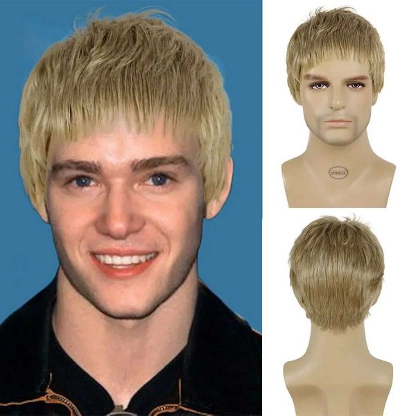 Saç perukları sentetik peruk insan için doğal kısa düz saç kesimi yakışıklı sarışın peruk Patlama ile günlük parti nefes alabilen erkek peruk kullan