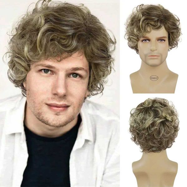 Perucas de cabelo sintético raiz escura ombre marrom loira curto encaracolado homem peruca com franja penteado natural para festa diária cosplay 240306