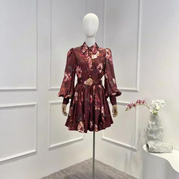 Lässige Kleider 2024 Seide Vintage Herbst Top Qualität Burgund Blumendruck Langarm Gürtel Frau Minikleid