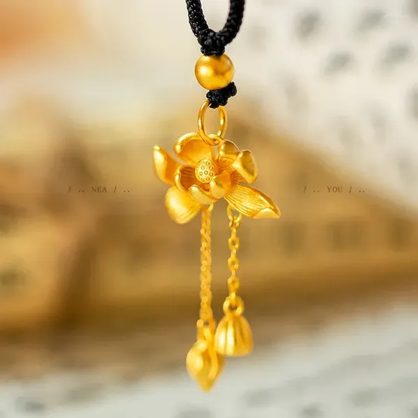 Pingentes 18k cor de ouro amarelo chinês tradicional 3d lótus pingente colar para mulheres corda preta clavícula corrente jóias presentes