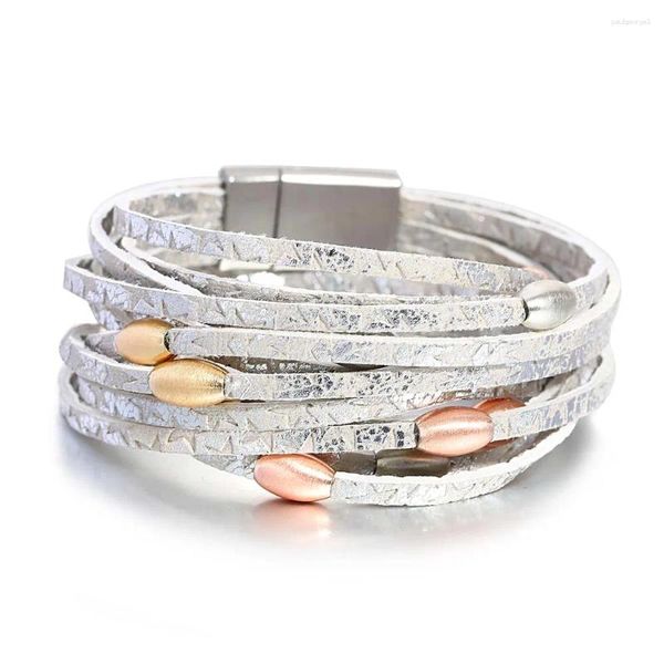 Charme pulseiras amorcome moda longa estrela impressa pulseira de couro para mulheres boêmio contas de metal multicamadas envoltório festa jóias