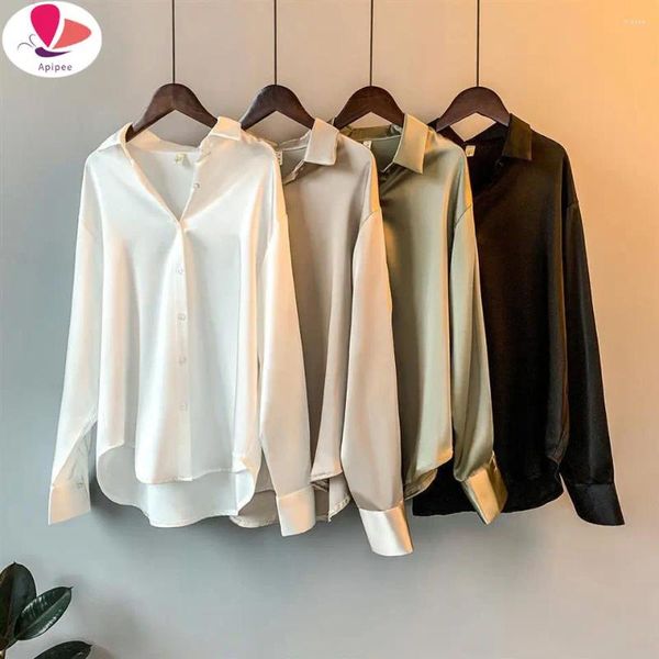 Damenblusen APIPEE Seide Koreanische Büro Damen Elegante Hemdbluse Frauen Mode Button Up Satin Vintage Weiß Langarmshirts Tops
