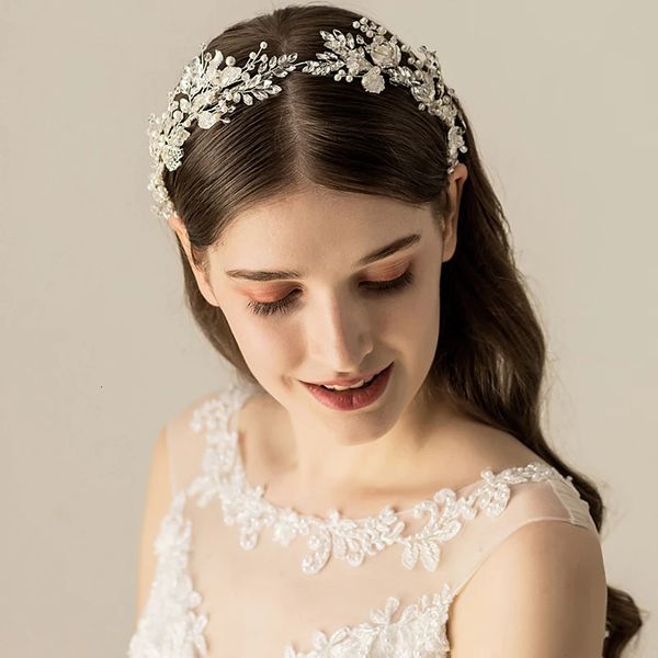 Jonnafe cor prata folha nupcial tiara bandana feminino baile de formatura cabelo coroa pérolas jóias cristal casamento headpiece acessórios 240306